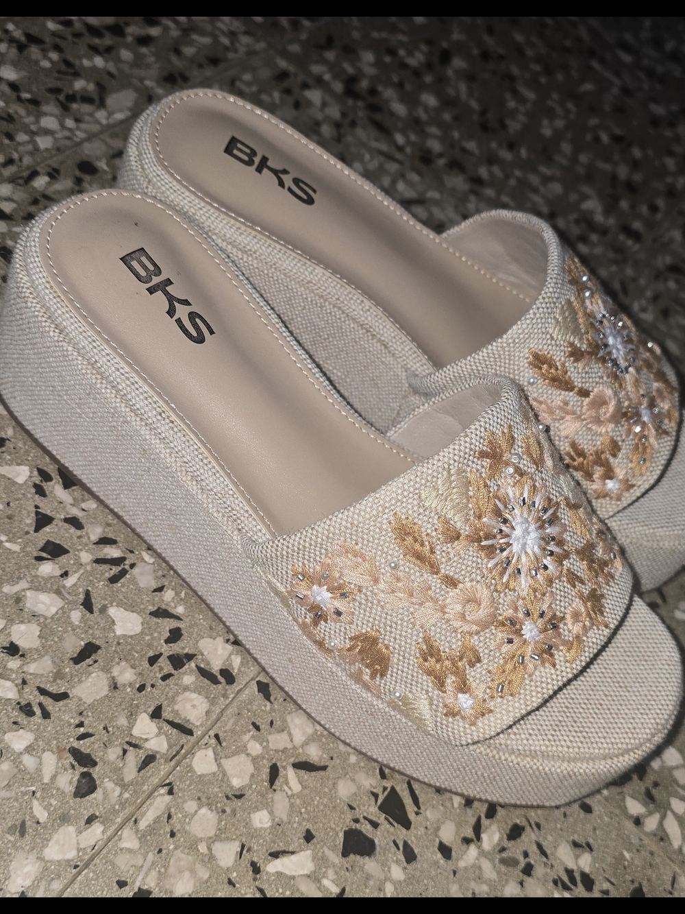 Bakers Beige Embroidered Platform Slide Mules